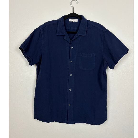 Alex Mill Wash & Go Sear Sucker Navy Button Down Short Sleeve Camp Shirt Large - Picture 2 of 5